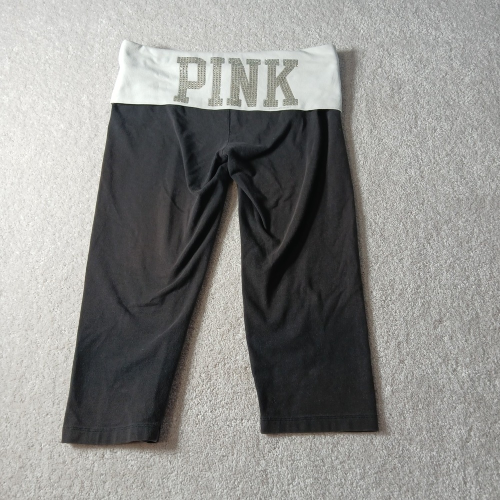 PINK Victoria's Secret Yoga Pants Black Rhinestone Logo Capri Crop Leggings S P